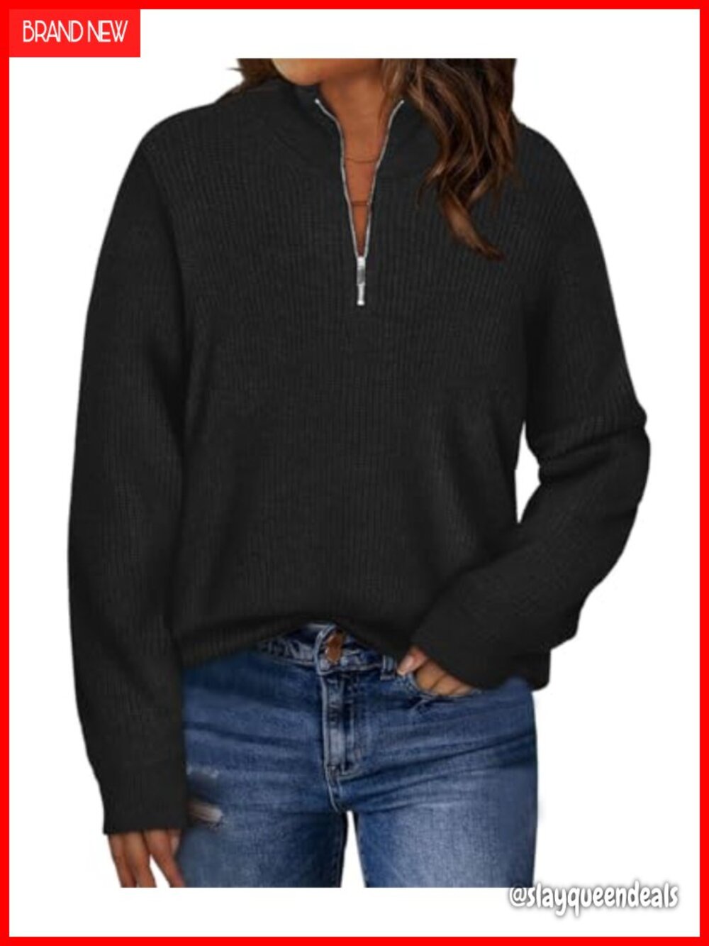 Women Plus Size Mock Neck Knit Pullover Sweater Long Sleeve Zipper Fall Winter